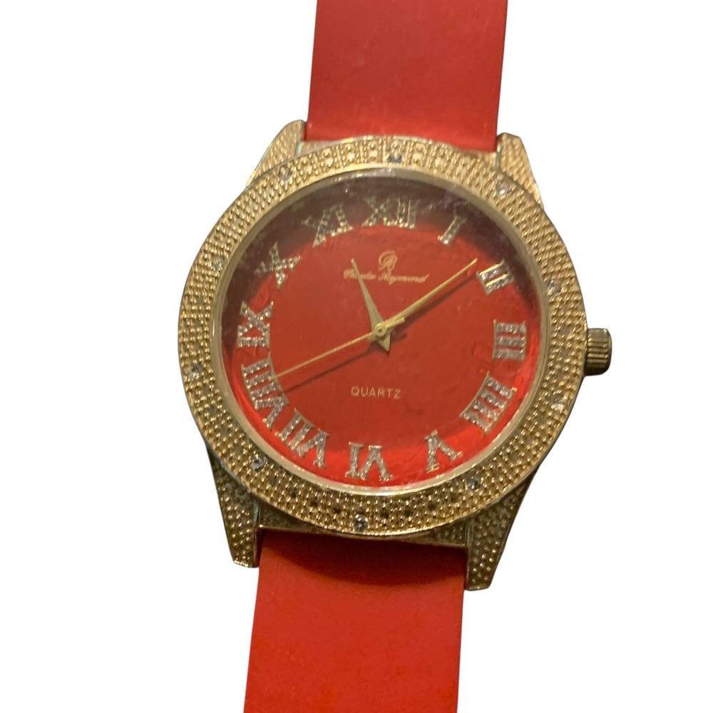 Charles Raymond Red Dial Crystal Gold Tone Watch ST10373 Silicone Strap Mens